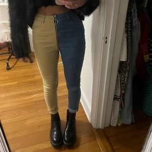 split khaki jean pants with zipper down the middle!